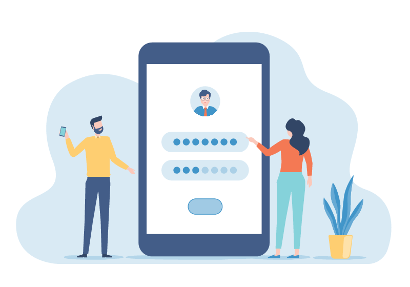中央に巨大なログイン画面を表示したスマートフォンがあり、女性がパスワードを入力し、男性がスマートフォンを持っているイラスト。